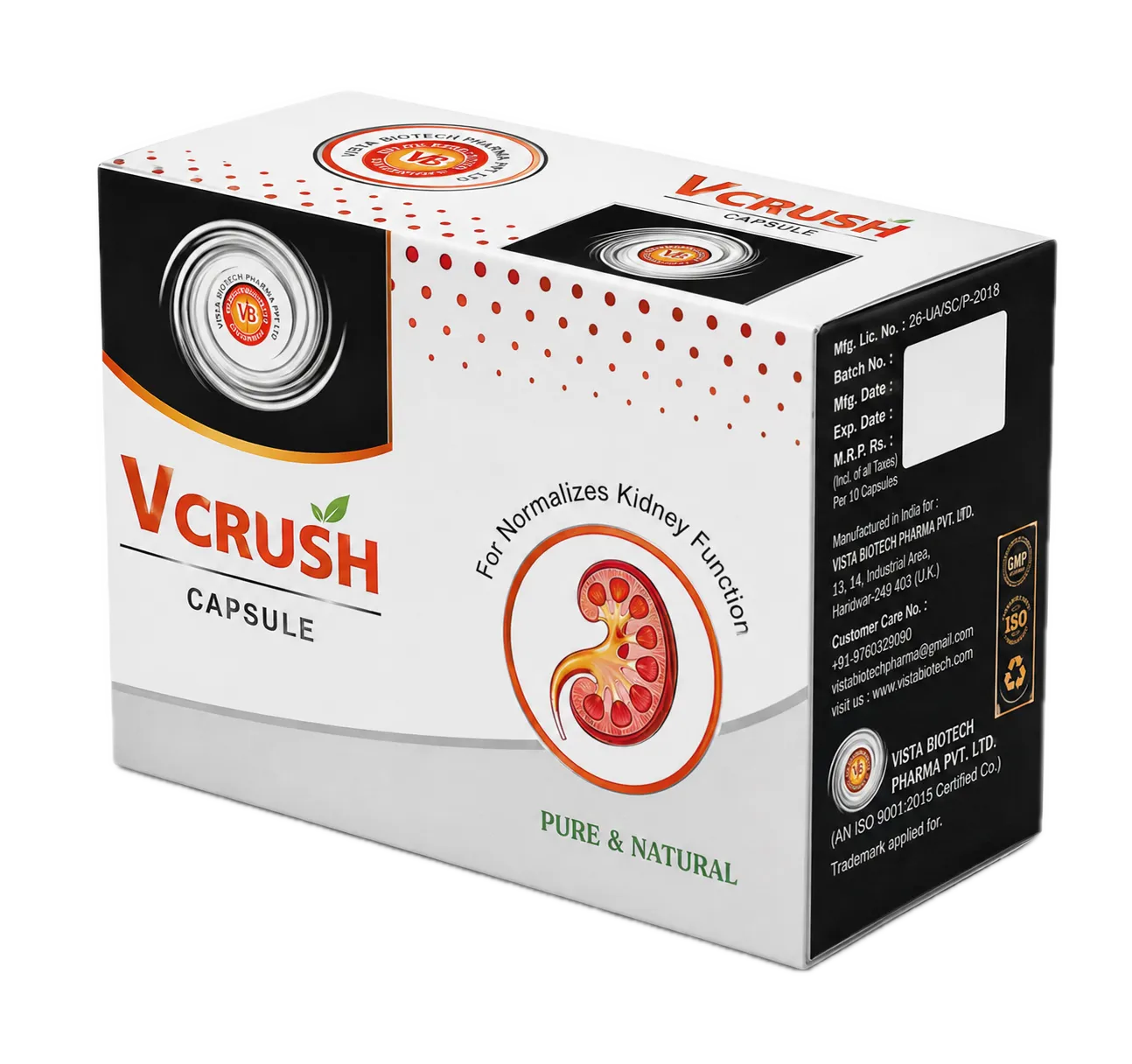 Vcrush Ayurvedic kidney care carton, 10 capsules