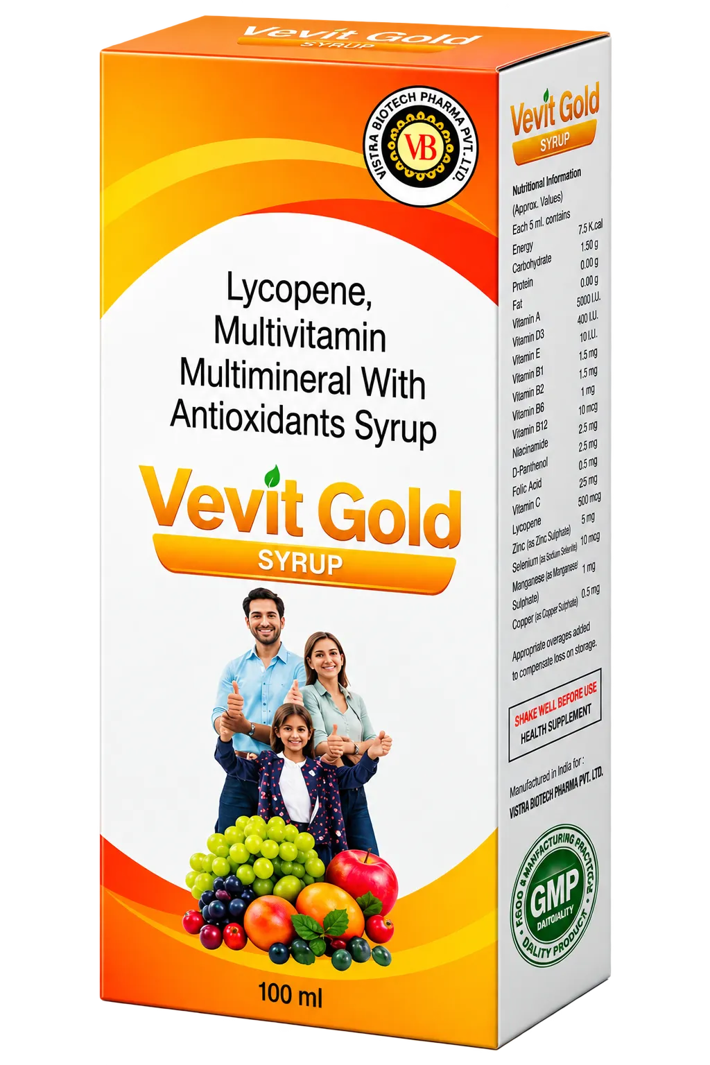 Vevit Gold Lycopene, Multivitamin Multimineral with Antioxidants Syrup 100 ml carton