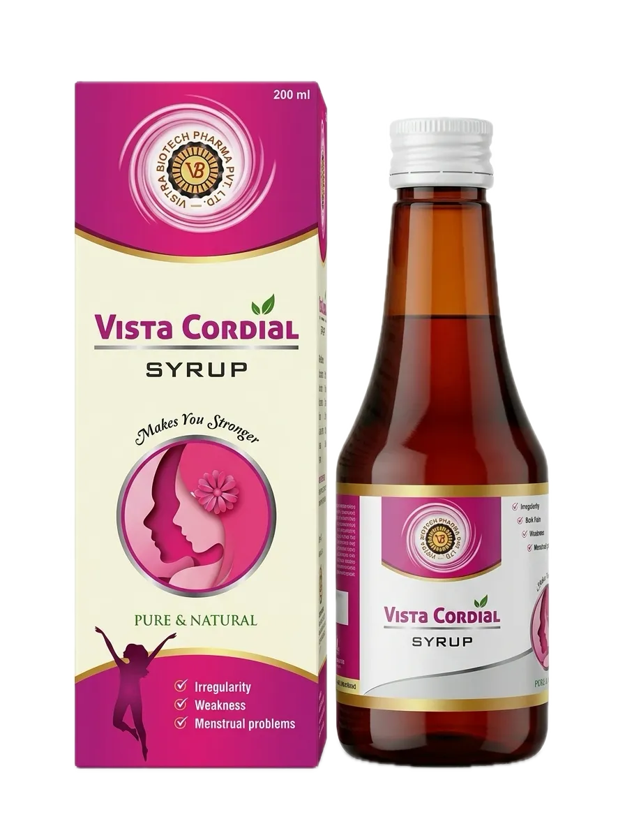 Vista Cordial Ayurvedic uterine tonic syrup bottle and carton