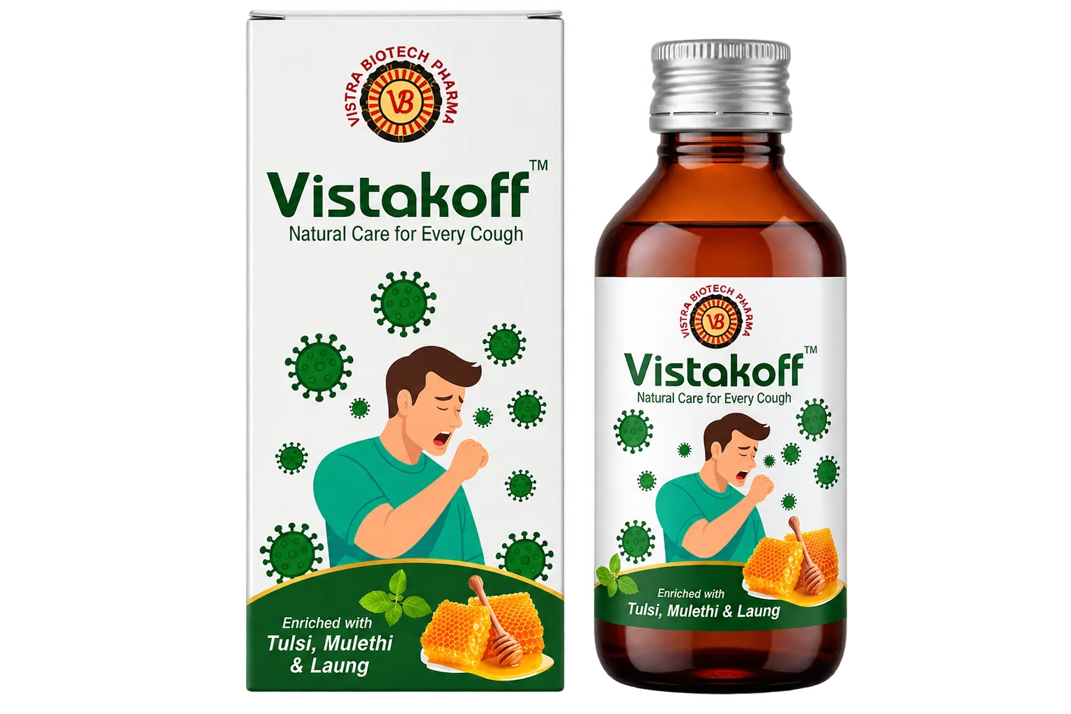 Vistakoff Ayurvedic cough syrup 100 ml bottle and carton