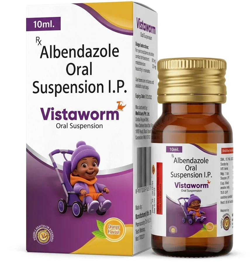 Vistaworm Albendazole Oral Suspension I.P. 10 ml 3D box and bottle